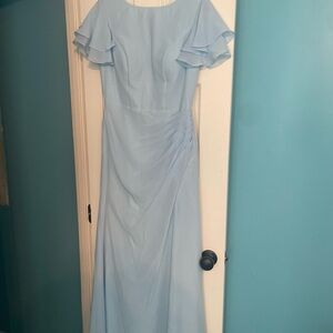 JJs House Sky Blue Maxi Bridesmaid Dress with Ruffle Sleeves New With Tags